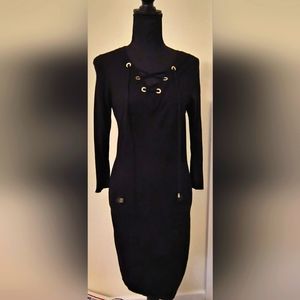 Calvin Klein Lace-Up V-Neck Zipper Sleeve Dress Black Gold Detailing Size Small